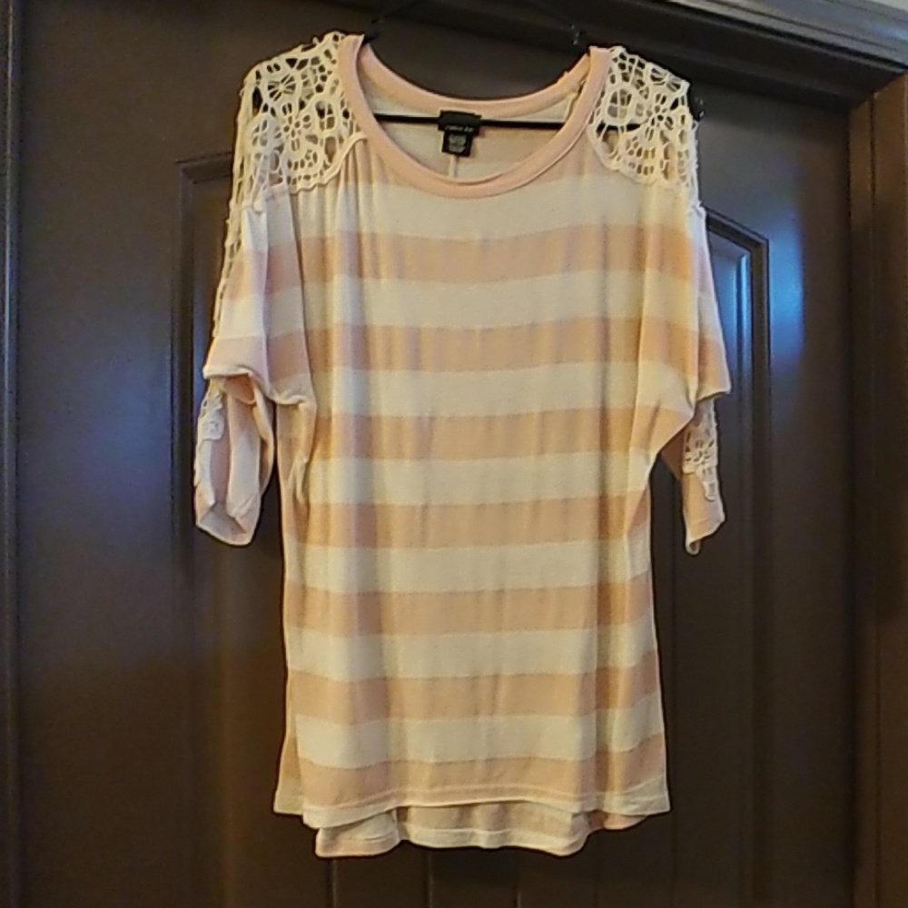 Pink & cream striped shirt w/ lace shoulders